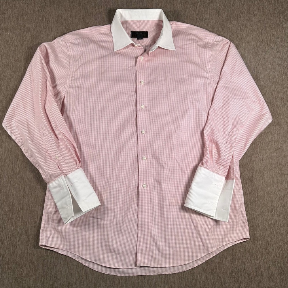 Jos. A. Bank Reserve Mens Red White Micro Check French Cuff Dress Shirt 17.5 35